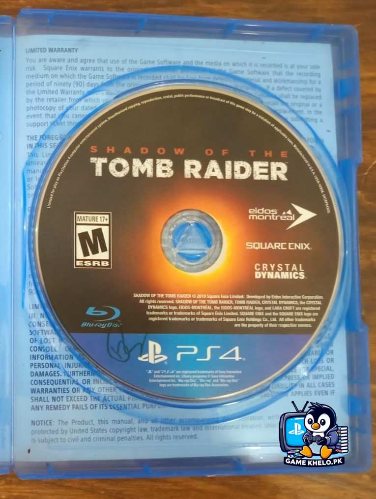 "Shadow of the Tomb Raider PS4 game disc and case - Used PlayStation game available at GameKhelo Islamabad Pakistan"3