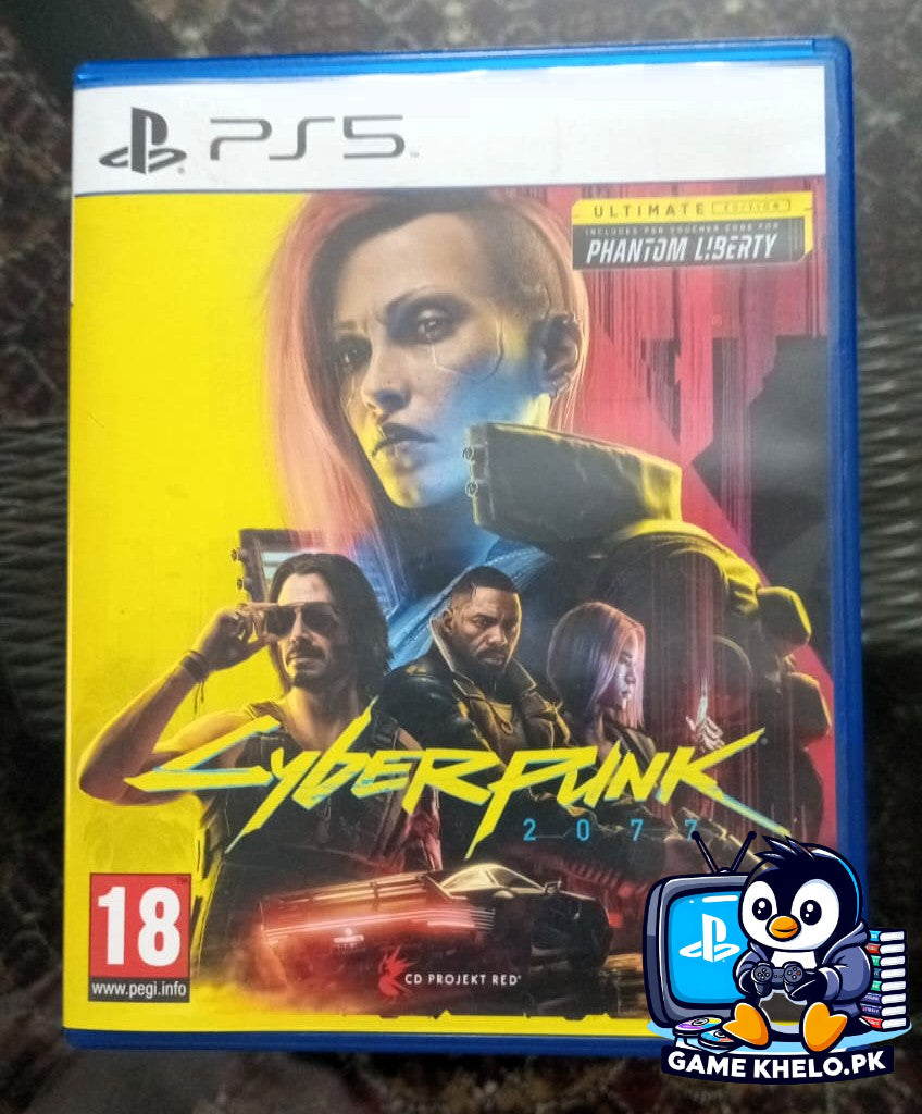 Used Cyberpunk 2077 Ultimate Edition PlayStation 5 game cover showing futuristic Night City with GameKhelo 3-day warranty badge 2