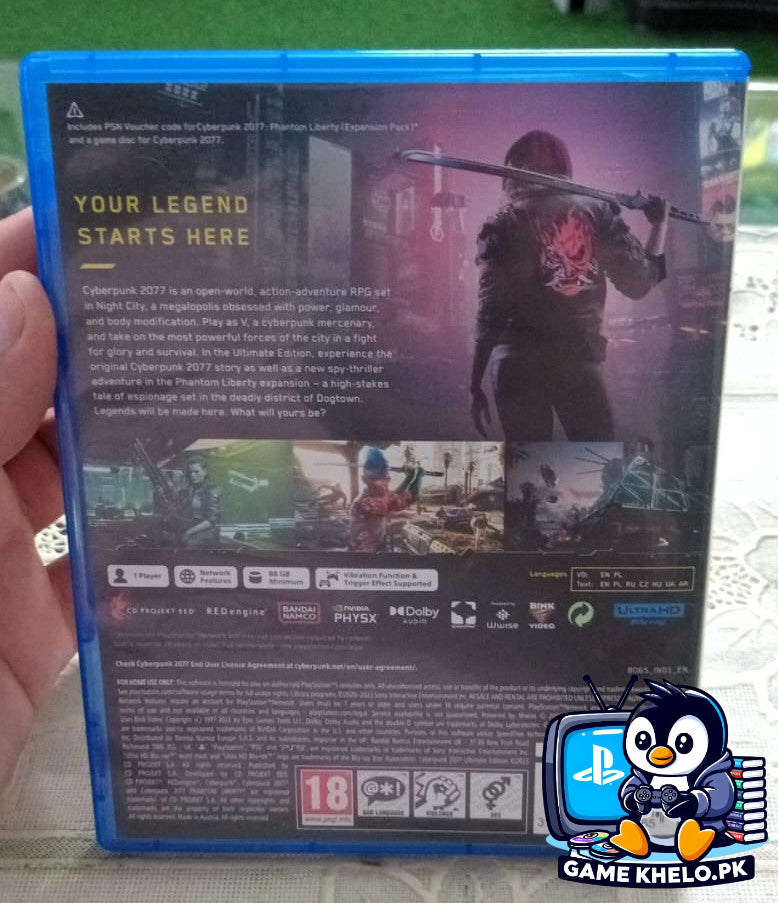 Used Cyberpunk 2077 Ultimate Edition PlayStation 5 game cover showing futuristic Night City with GameKhelo 3-day warranty badge 3