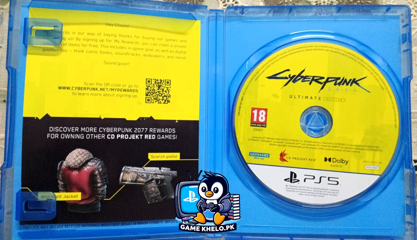Used Cyberpunk 2077 Ultimate Edition PlayStation 5 game cover showing futuristic Night City with GameKhelo 3-day warranty badge 4