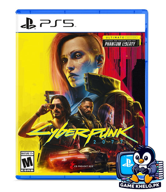 Used Cyberpunk 2077 Ultimate Edition PlayStation 5 game cover showing futuristic Night City with GameKhelo 3-day warranty badge