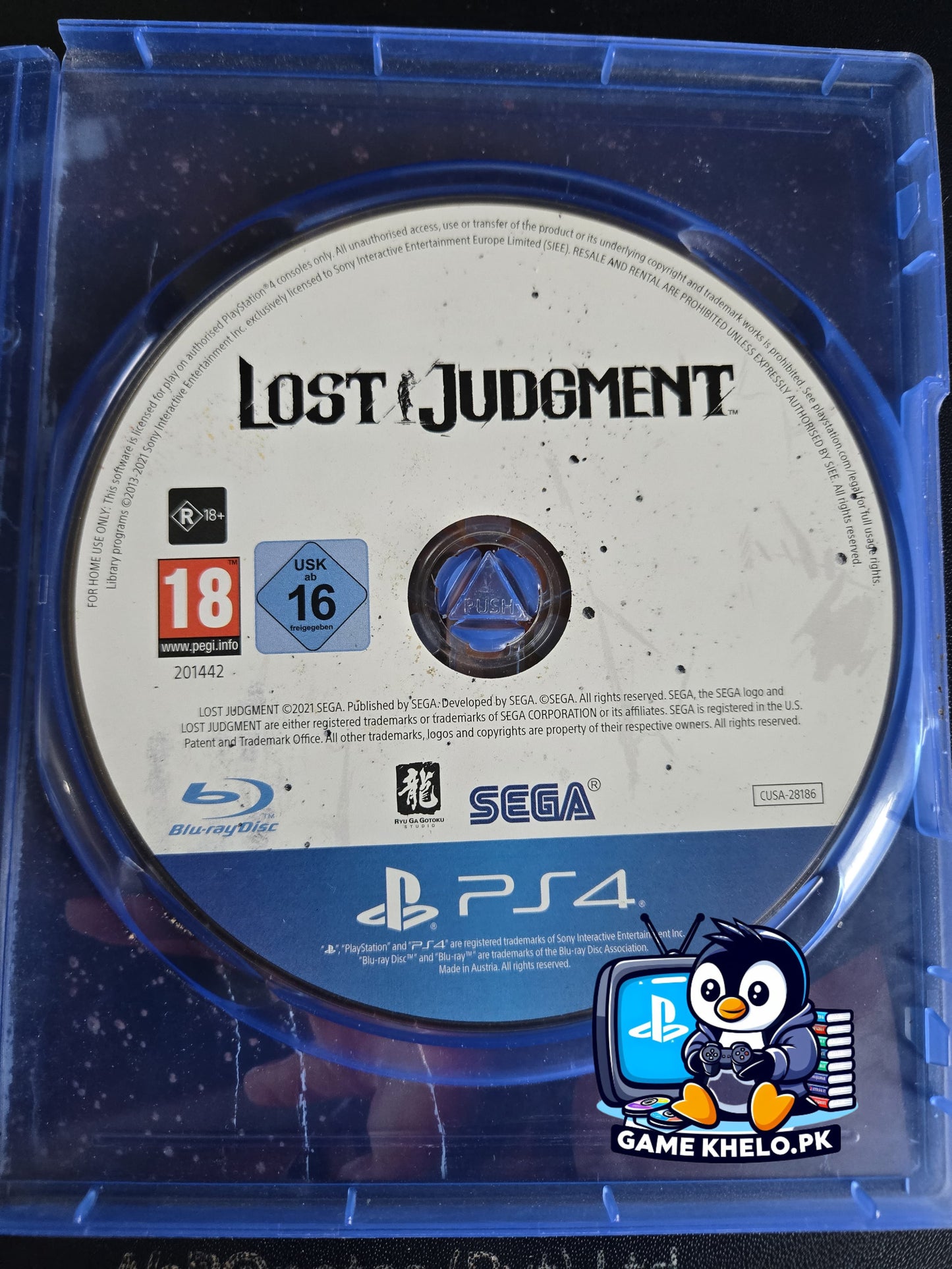 Used Lost Judgment PlayStation 4 game case with 3-day warranty from GameKhelo Pakistan showing Takayuki Yagami using martial arts abilities